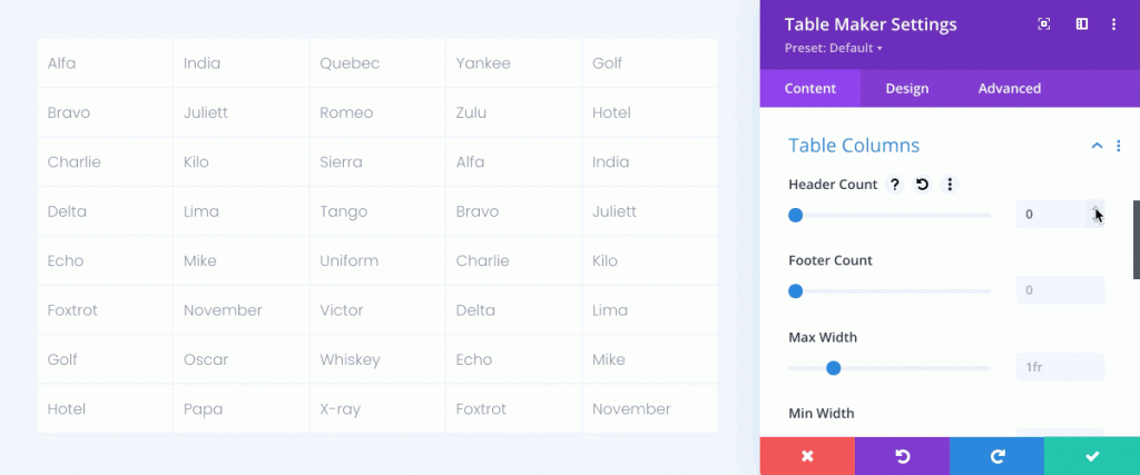 divi table maker header and footer table
