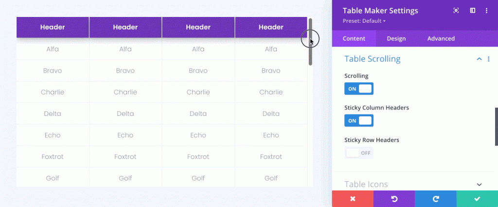 scrolling table in divi